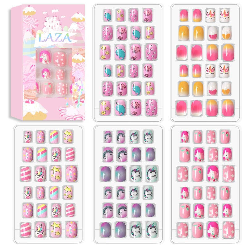 Laza 120pcs Children Nails Press On Pre-glue Full Cover Glitter Gradient Color Rainbow Sparkling Star Unicorn Shell Short False Nail Kits for Kids Teenager Girls - Legend of Unicorn - Image 1